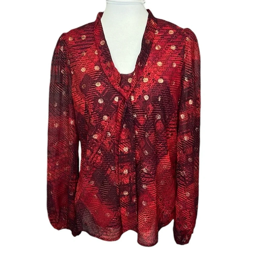 Black Label Evan Picone Tie Neck Blouse Red - Picture 1 of 5